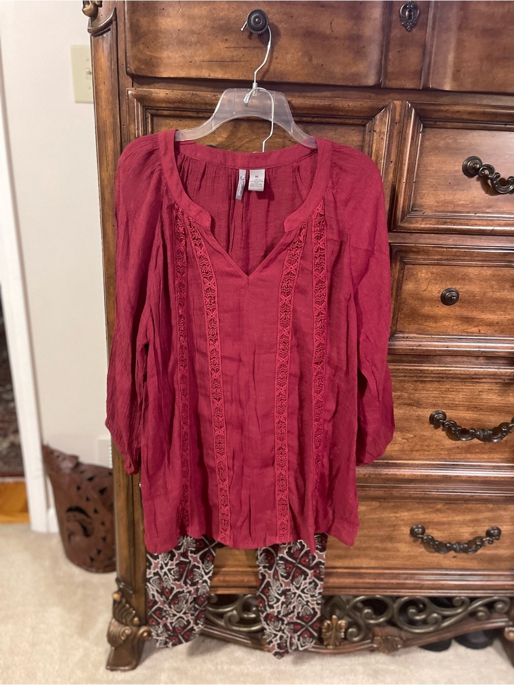 new directions Deep Red Peasant Tunic with Lace Trim